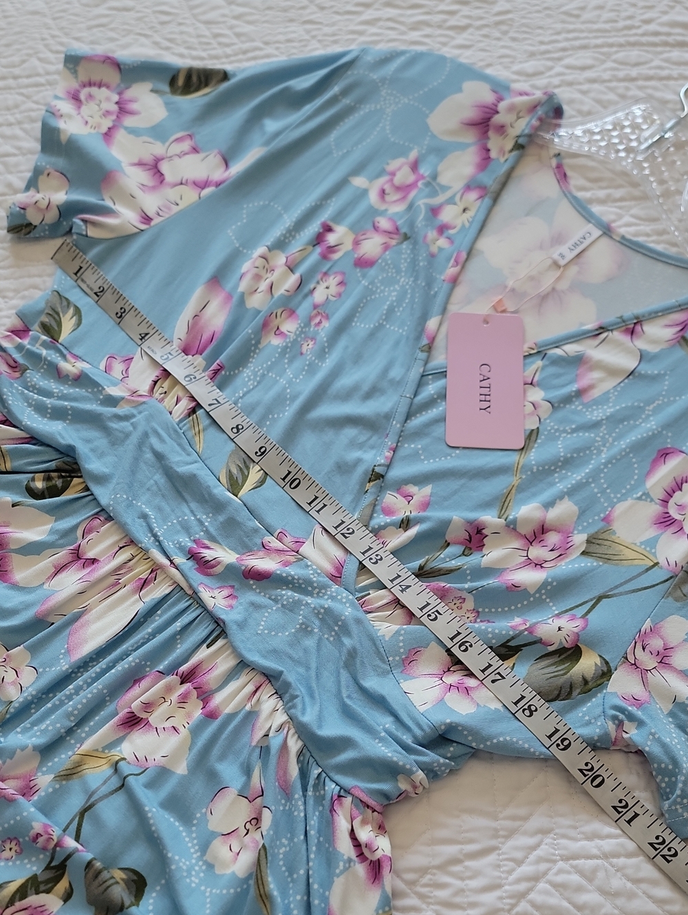 Light Blue And Purple Floral Maxi Dress - V-Neck Women’s Dress With Pockets - Picture 10 of 15
